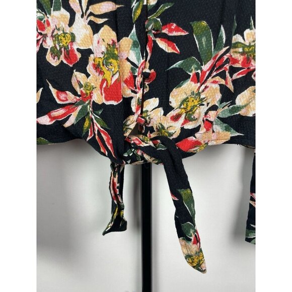 Roxy Black Floral Winter Garden Cropped Long Sleeve Tie Front Top Size Small - Picture 8 of 8